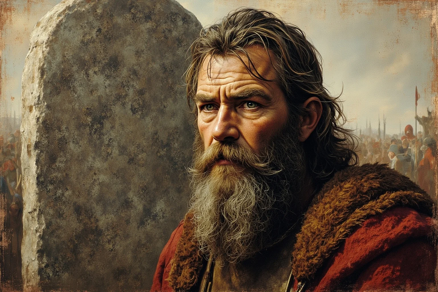 A Viking age Danish king with a weathered face standing before a rune stone, illustrative historical painting style