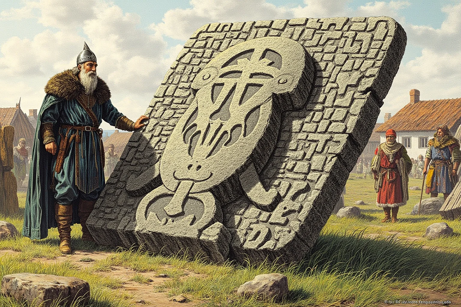 20 Greatest Vikings in History 11 A Viking-age king standing beside a large carved rune stone in a Scandinavian village, historical illustration style