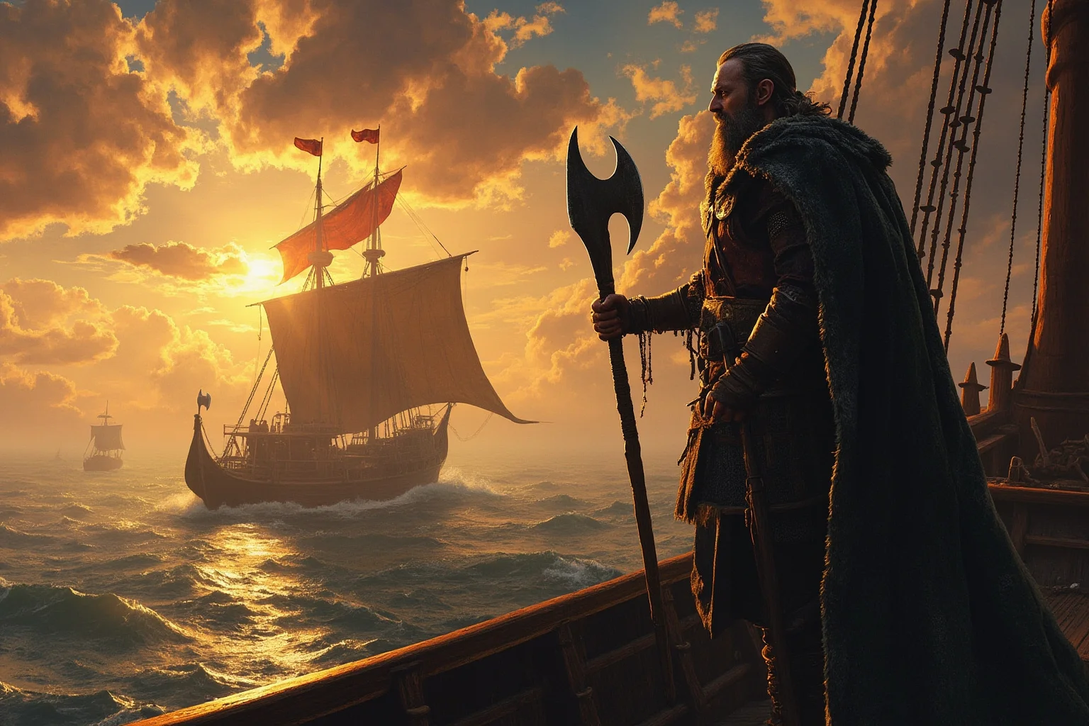 A Viking age king with an axe standing on a longship deck at dawn, illustrative historical painting style