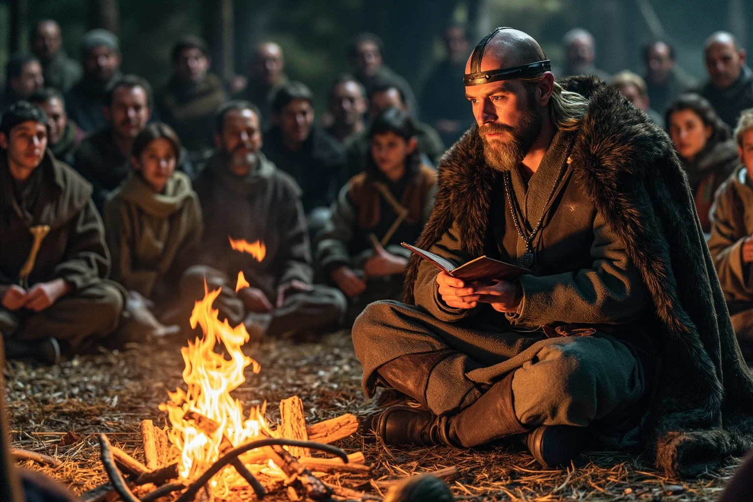 20 Greatest Vikings in History 18 A Viking-age poet-warrior sitting by a fire reciting verses to a small gathered crowd, historical illustration style