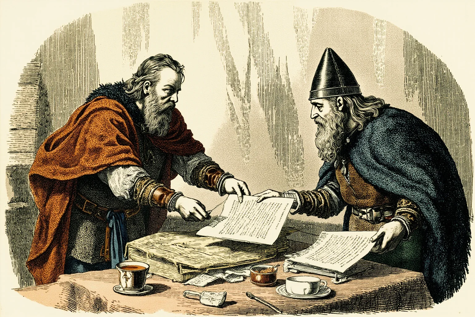 20 Greatest Vikings in History 15 A Viking-age settlement peace treaty scene, a Norse leader and Anglo-Saxon king exchanging an agreement, historical illustration style