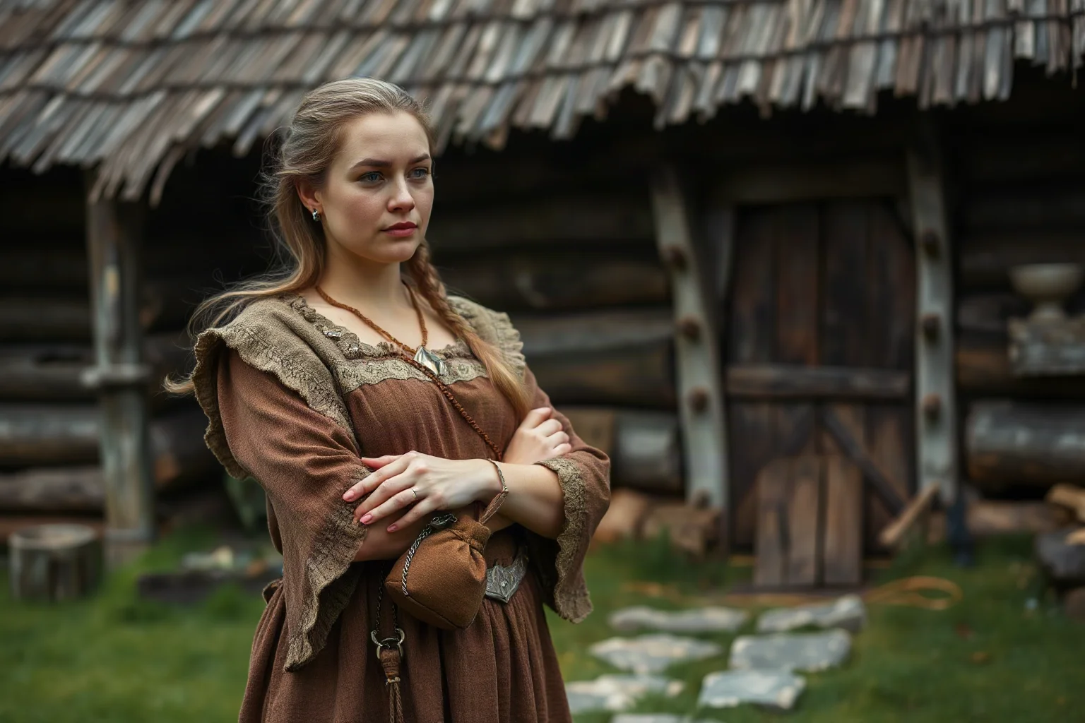 A Viking-age woman in traditional dress standing confidently outside a longhouse, holding a small pouch symbolizing property rights