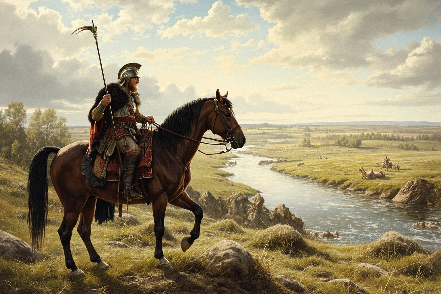 20 Greatest Vikings in History 14 A Viking army leader on horseback surveying a battlefield near a river in England, historical illustration style