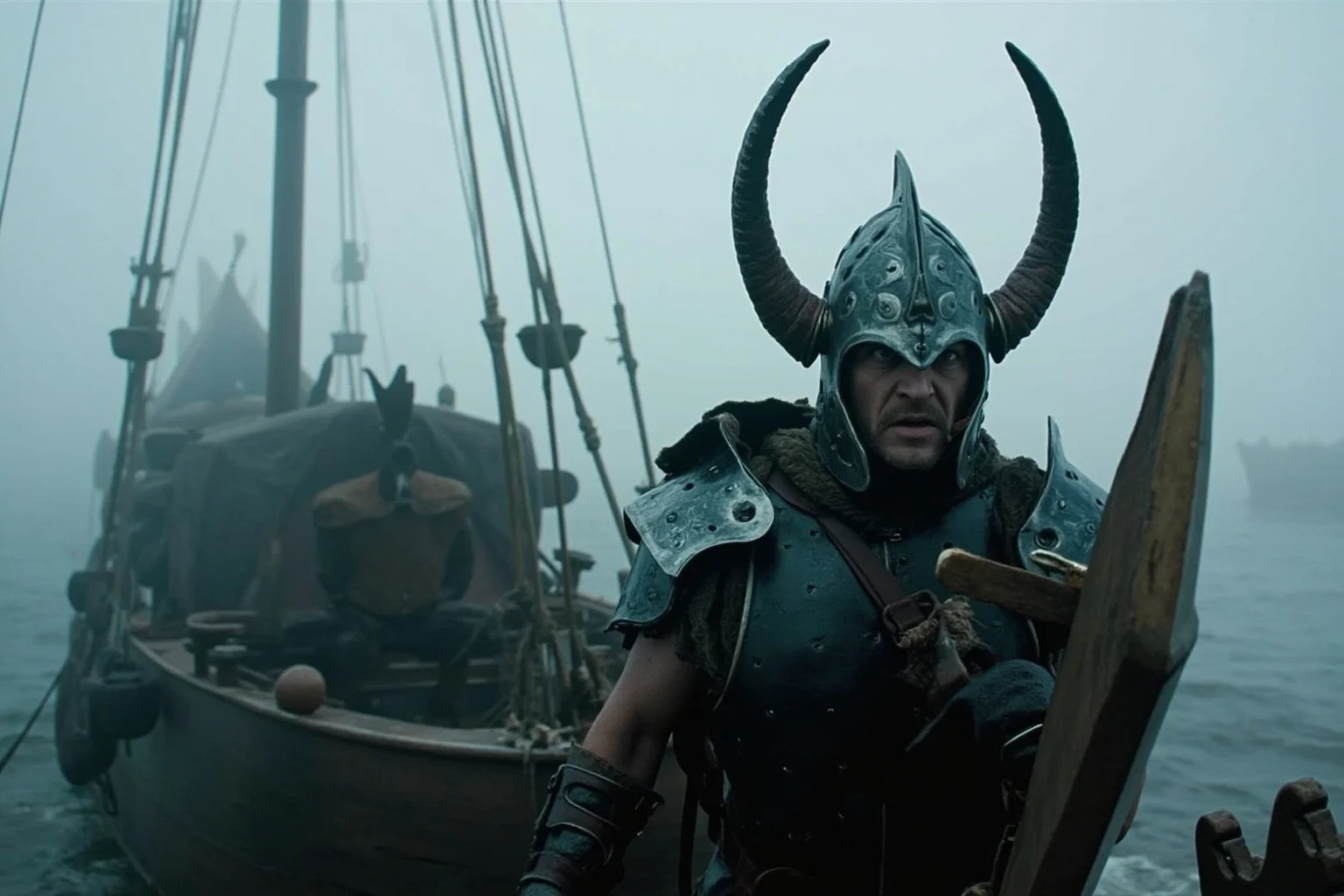 A Viking-era longship on a misty shore with warriors in authentic leather and iron helmets without horns
