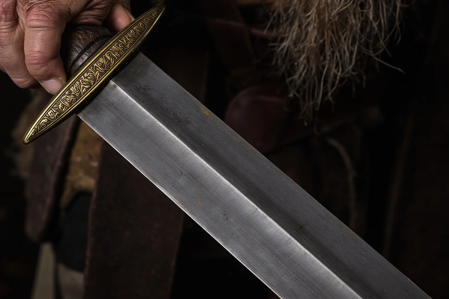 A Viking-era straight sword with inscribed lettering near the hilt, held by a warrior in fur and leather