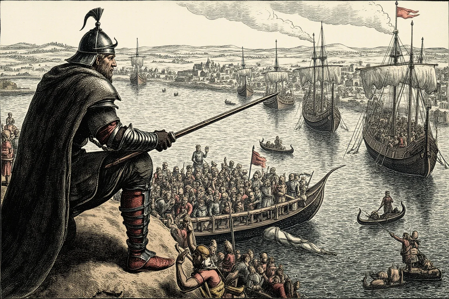 20 Greatest Vikings in History 10 A Viking king in armor leading a fleet of longships toward a fortified Anglo-Saxon town, historical illustration style