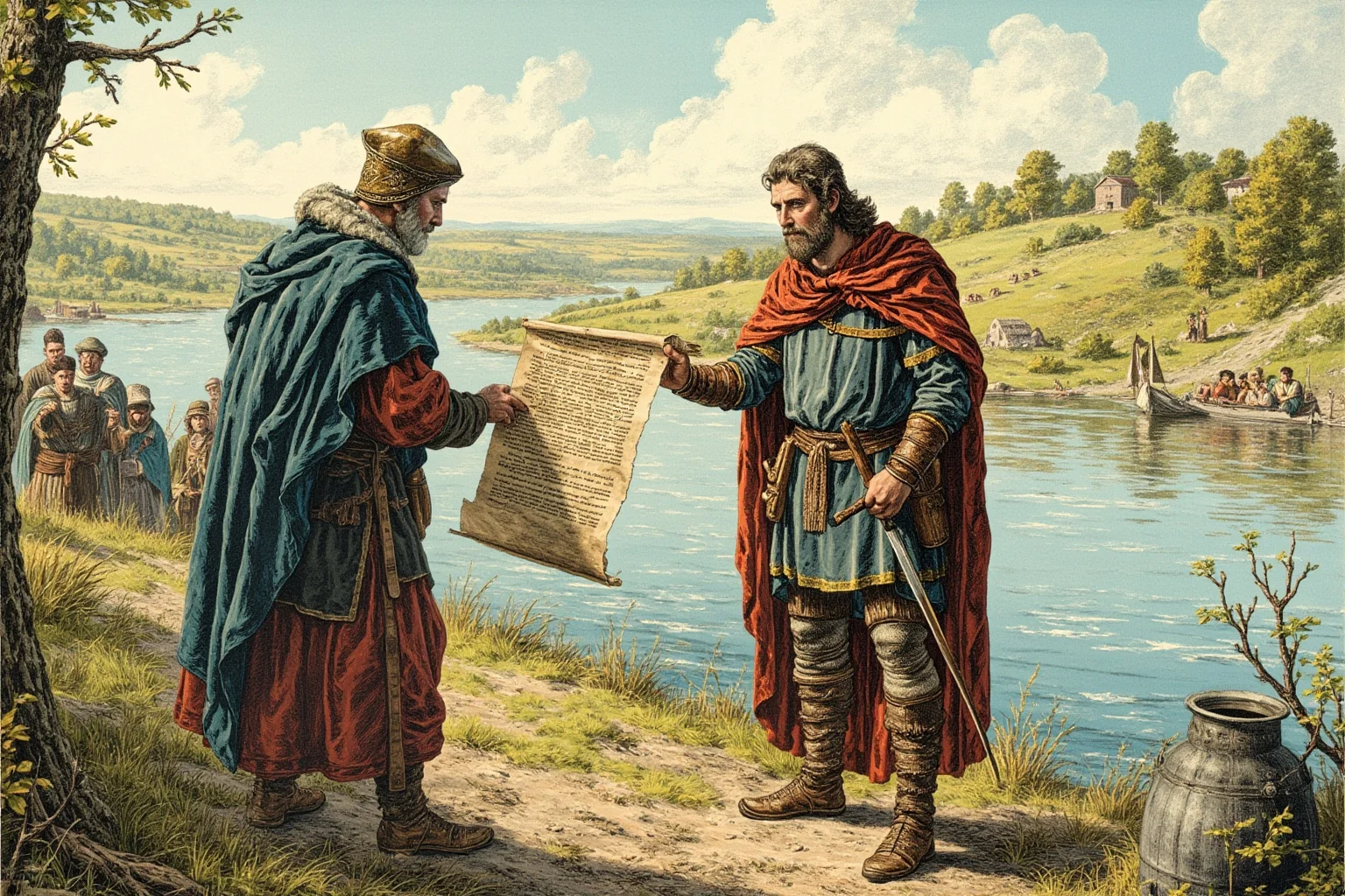 20 Greatest Vikings in History 7 A Viking leader standing on a riverbank in Frankia accepting a land grant scroll from a medieval official, historical illustration style
