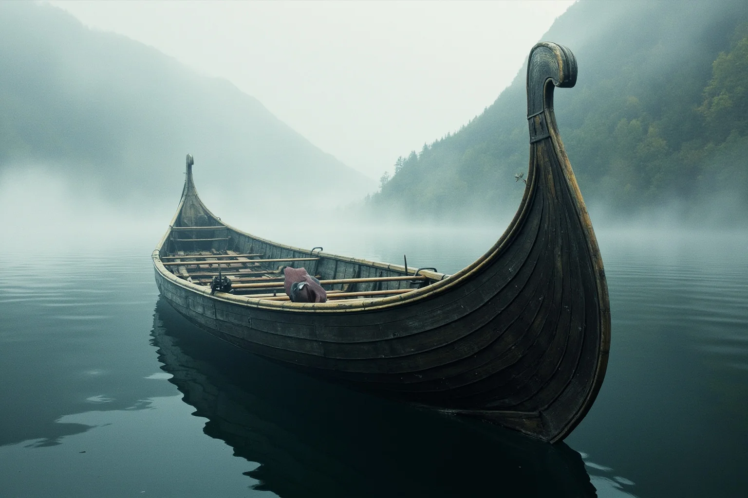 A Viking longship on a misty fjord with a saddle and shield resting on the deck, historical illustration style