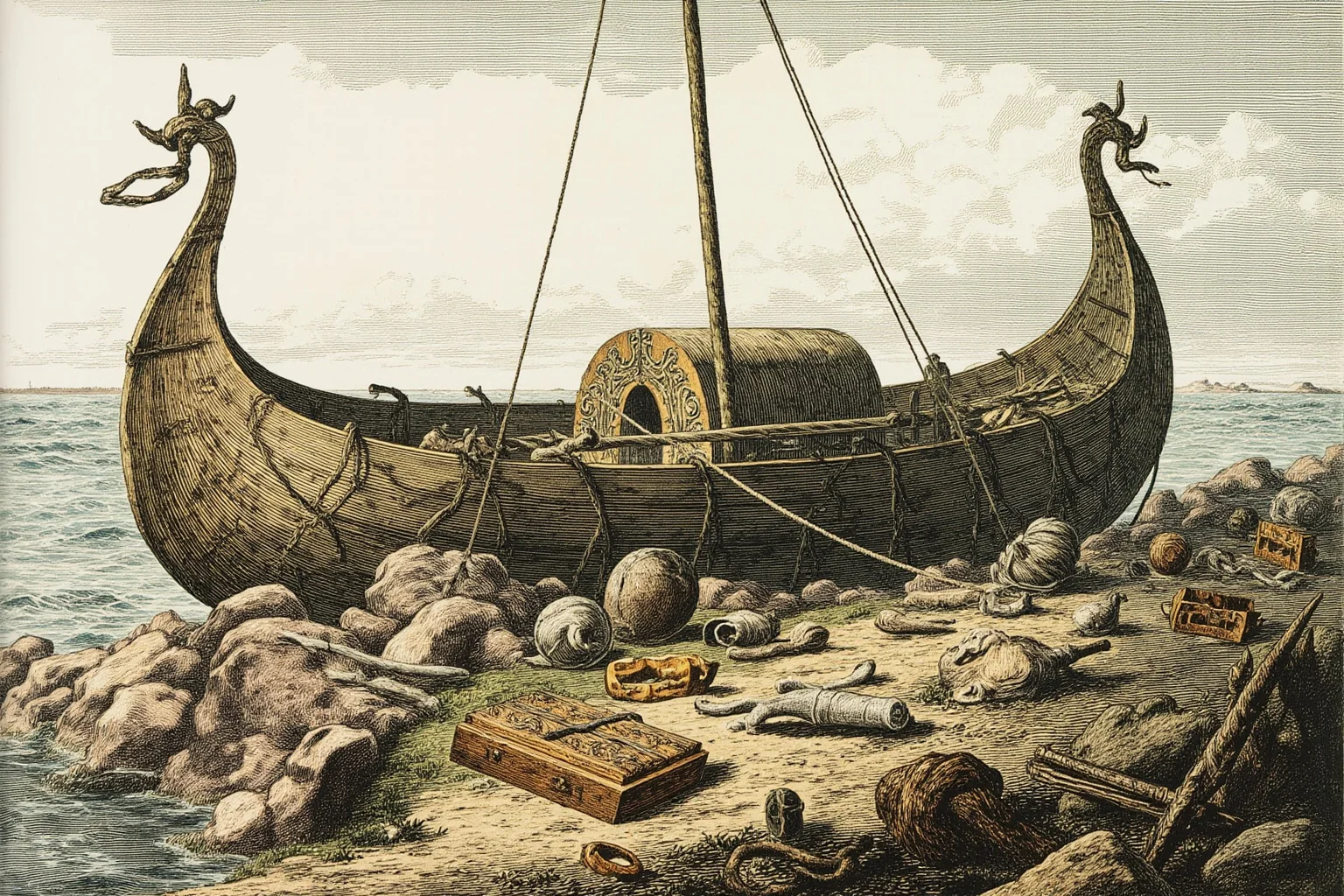 A Viking longship on a rocky Scandinavian shore surrounded by carved wooden grave goods, historical illustration