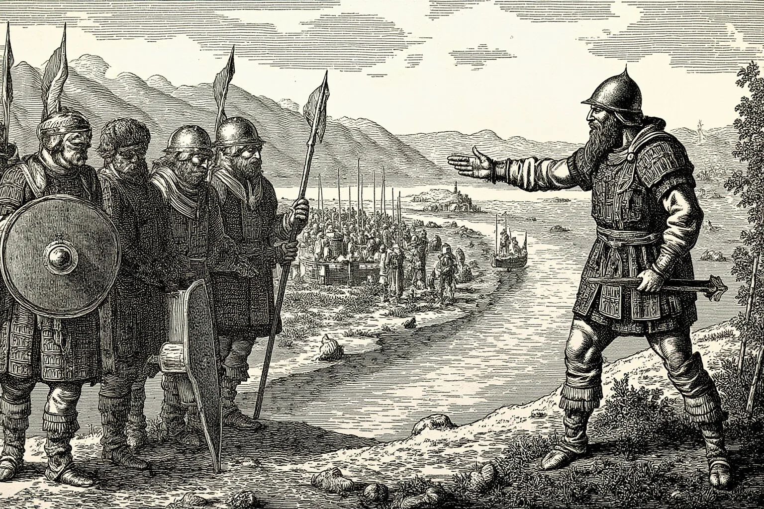 20 Greatest Vikings in History 20 A Viking war leader directing warriors as they distribute land near a river settlement in northern England, historical illustration style