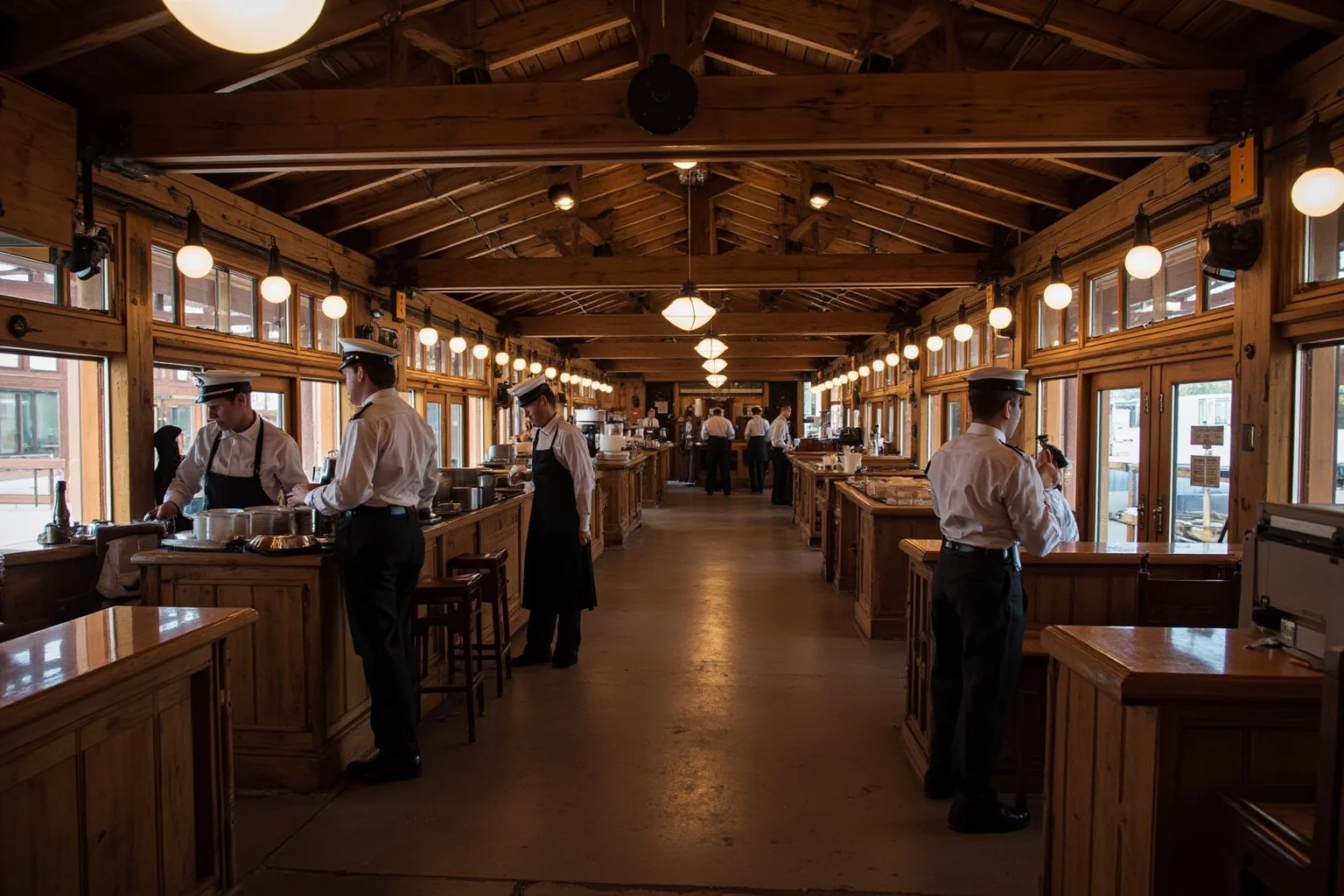 The Oldest Fast Food Chains in the World: A Full History 3 A vintage 1870s train depot restaurant with wooden counters and uniformed staff serving travelers