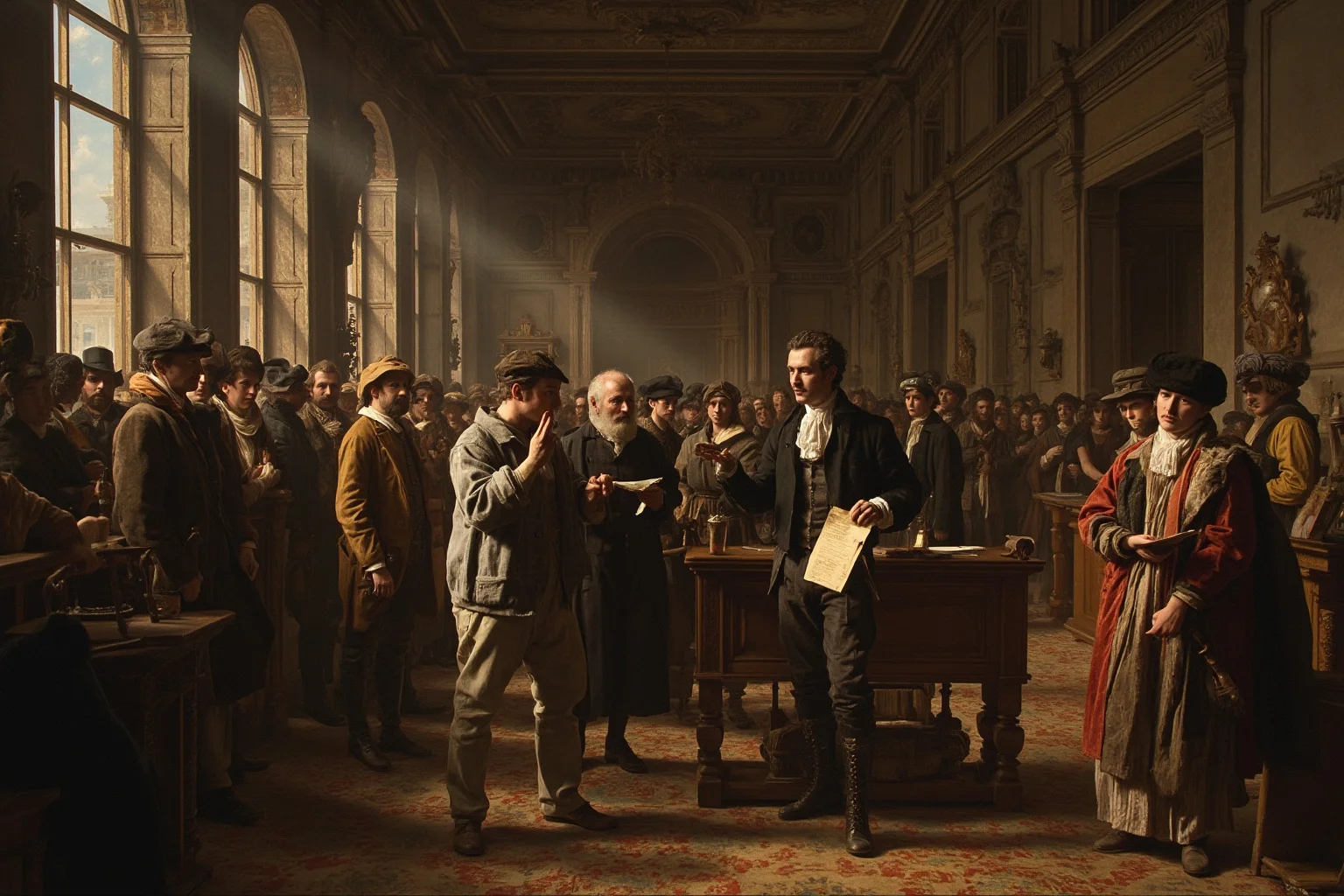 A vintage 18th-century courtroom or public square scene with a crowd reading a posted pamphlet