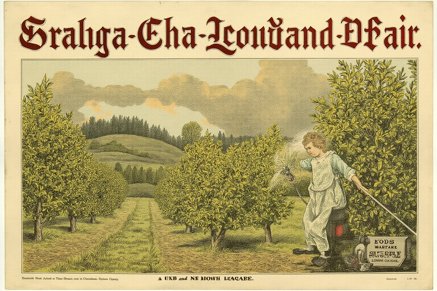 The Strange History Of The Poison Apple 17 A vintage 1900s advertisement style image of an apple orchard with a pesticide sprayer