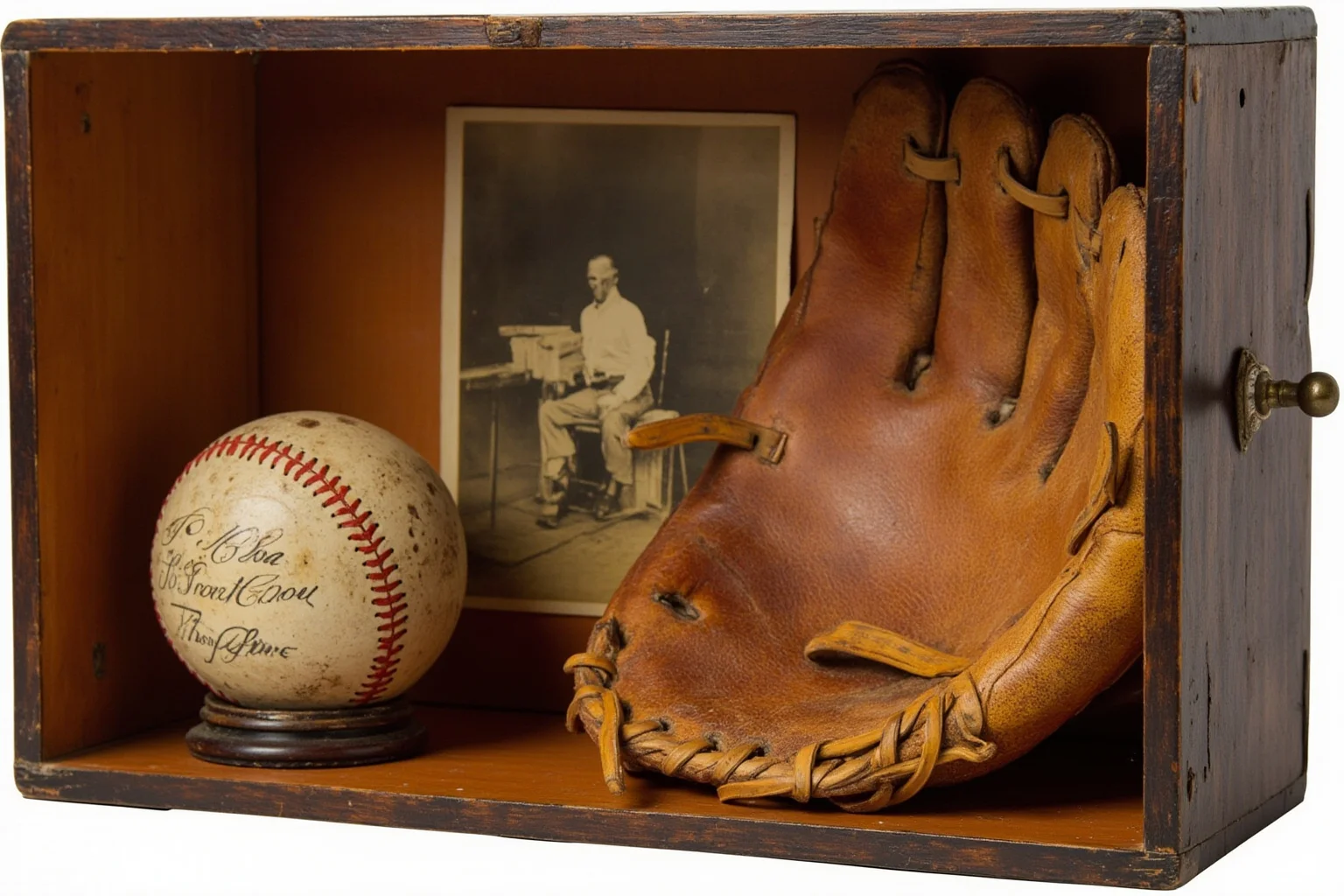 A vintage 1900s baseball glove and ball displayed together with a faded old photograph in an antique wooden case