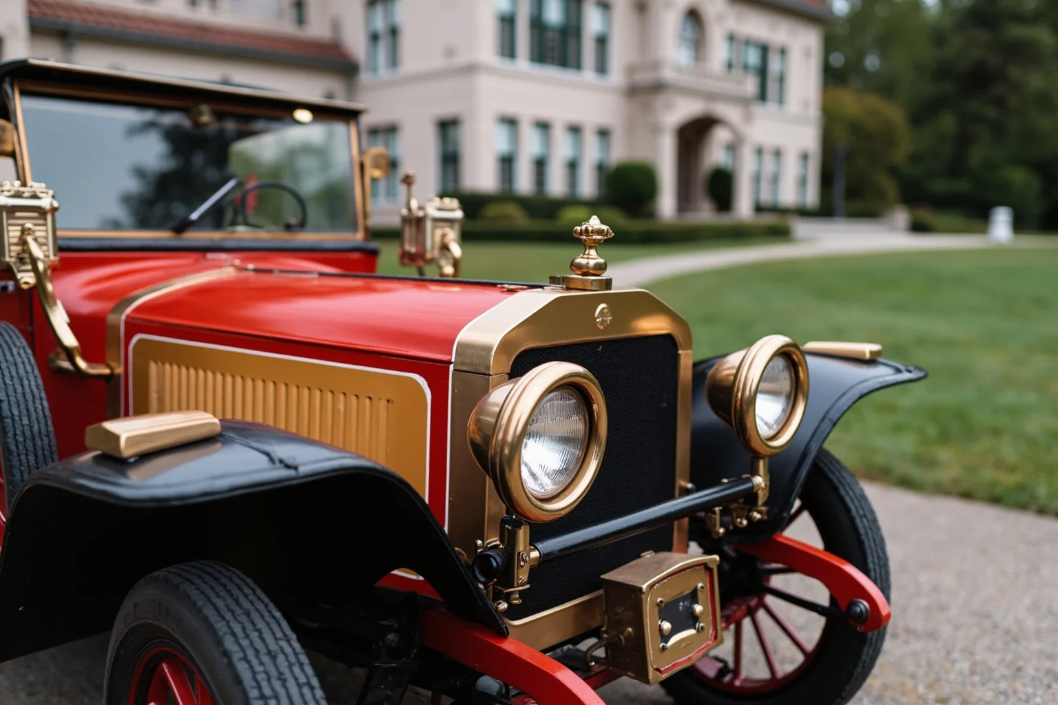 A vintage 1910s luxury automobile with a hand crank and polished brass fittings, parked in front of a mansion