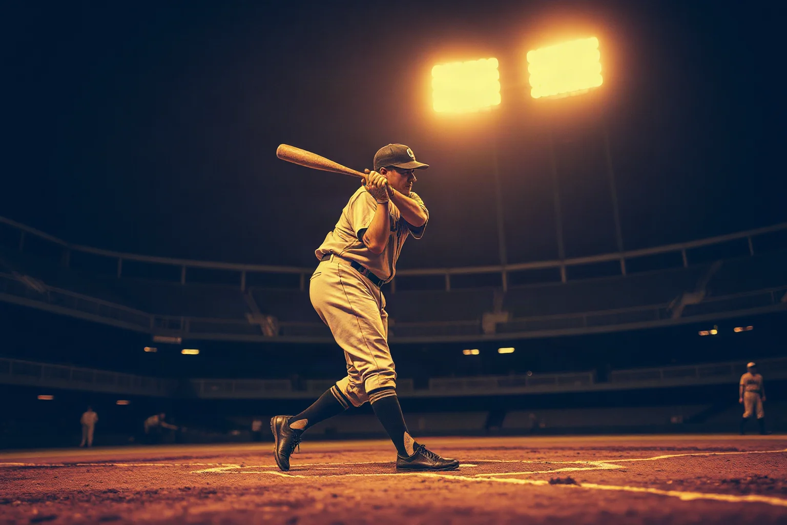 A vintage 1920s baseball batter frozen mid-swing at home plate under stadium floodlights, sepia-toned nostalgic style