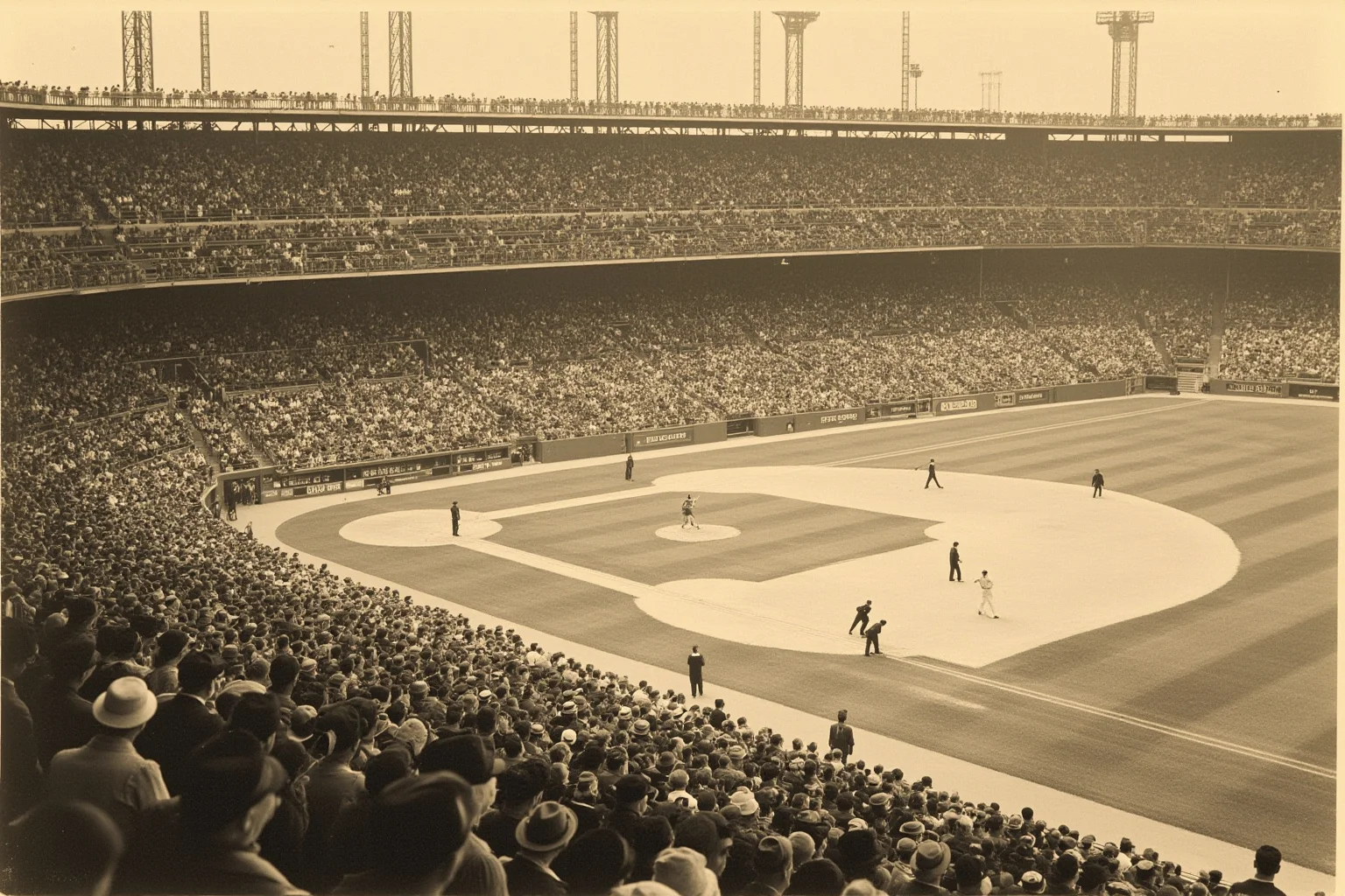 A vintage 1920s baseball stadium packed with fans in period clothing, players mid-play on a dusty infield, sepia-toned illustration