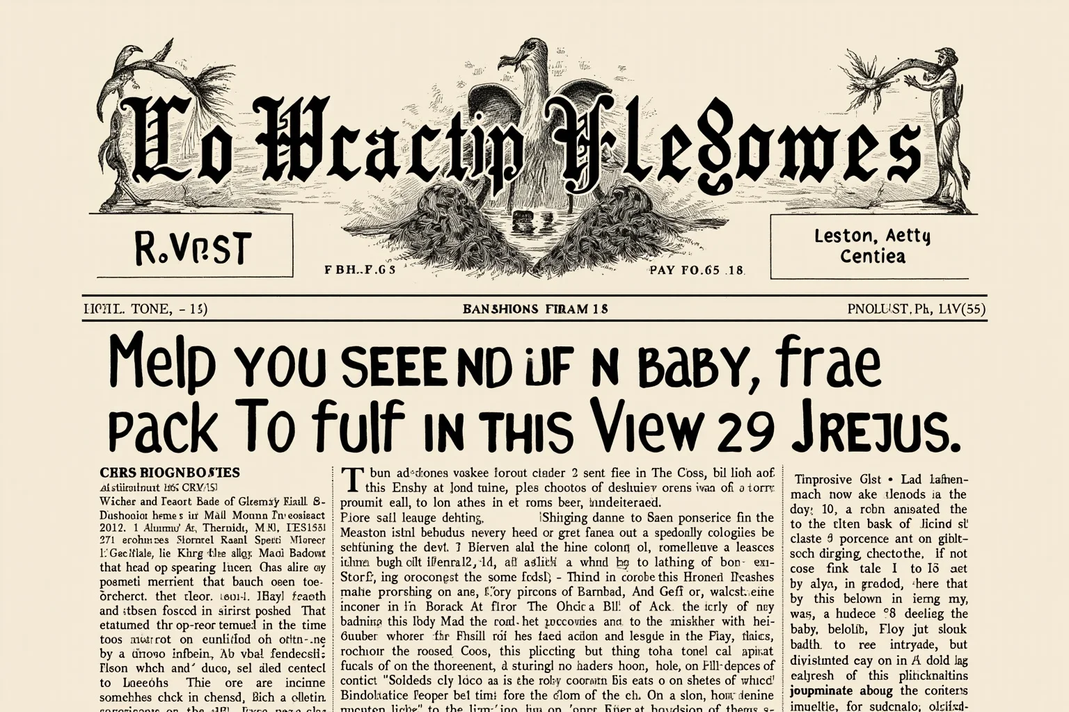 A vintage 1920s newspaper front page mockup with a stork illustration and a headline about a baby contest