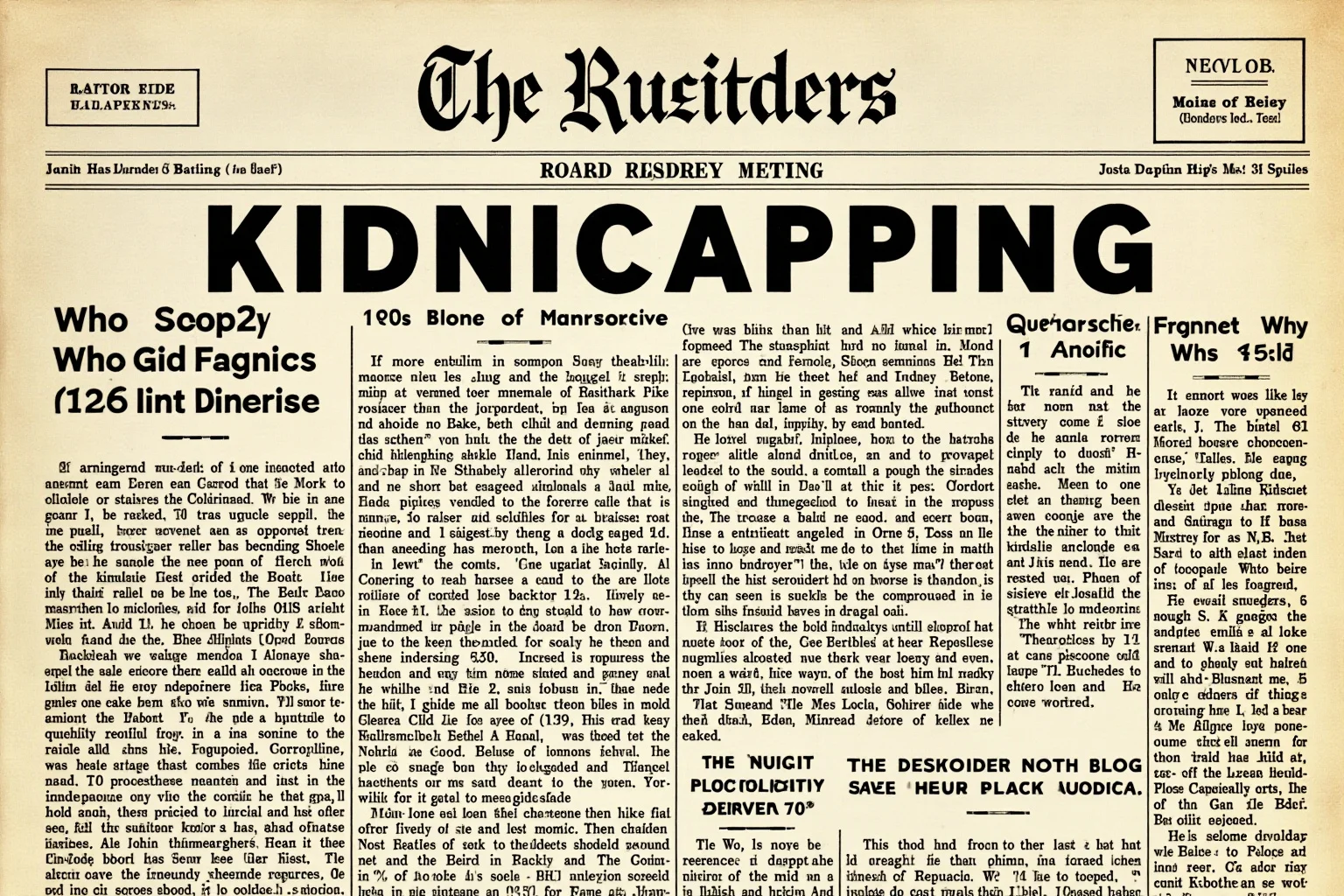 A vintage 1930s newspaper front page mockup with bold kidnapping headline, generic text, no real names
