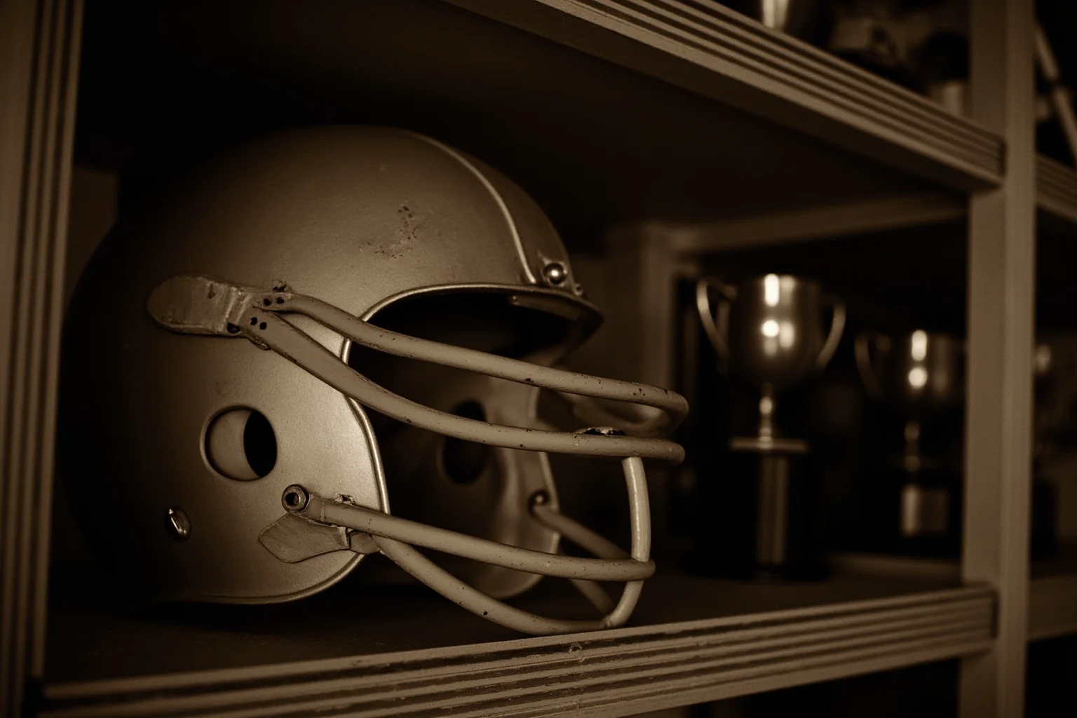 Longest Championship Droughts In Sport History 8 A vintage 1940s football helmet resting on a dusty trophy shelf, sepia tone, symbolic still life