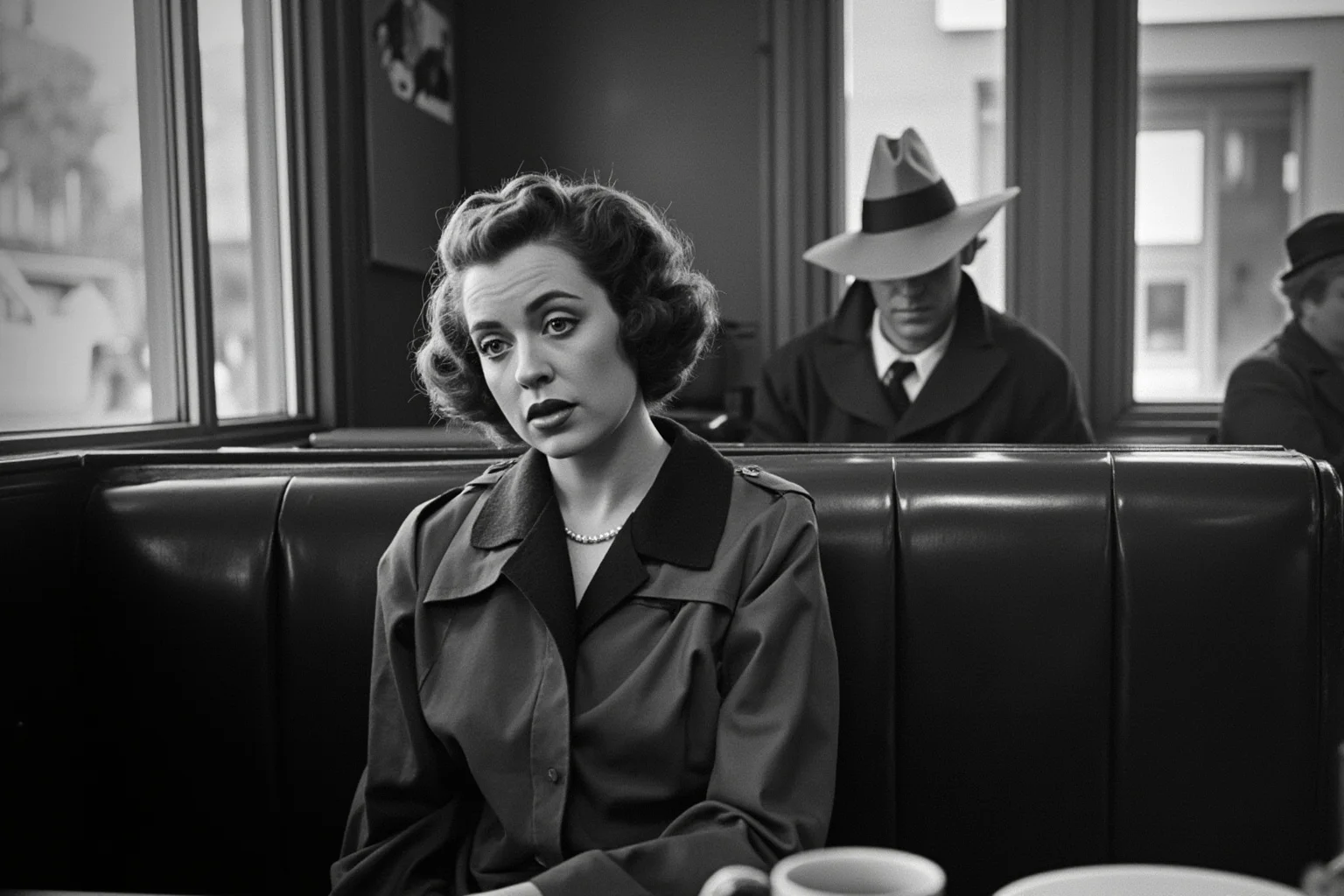 A vintage 1940s woman in a trench coat sitting alone at a diner booth, illustrating a Cold War-era informant meeting