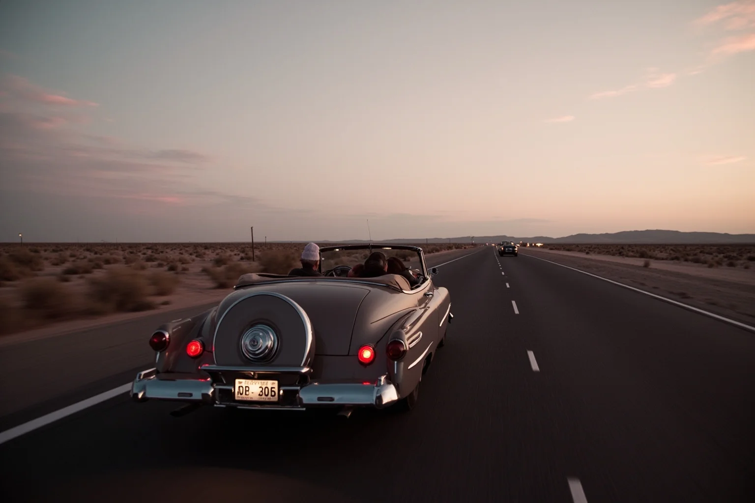 A vintage 1950s convertible car on a quiet desert highway at dusk, symbolic and safe-for-work