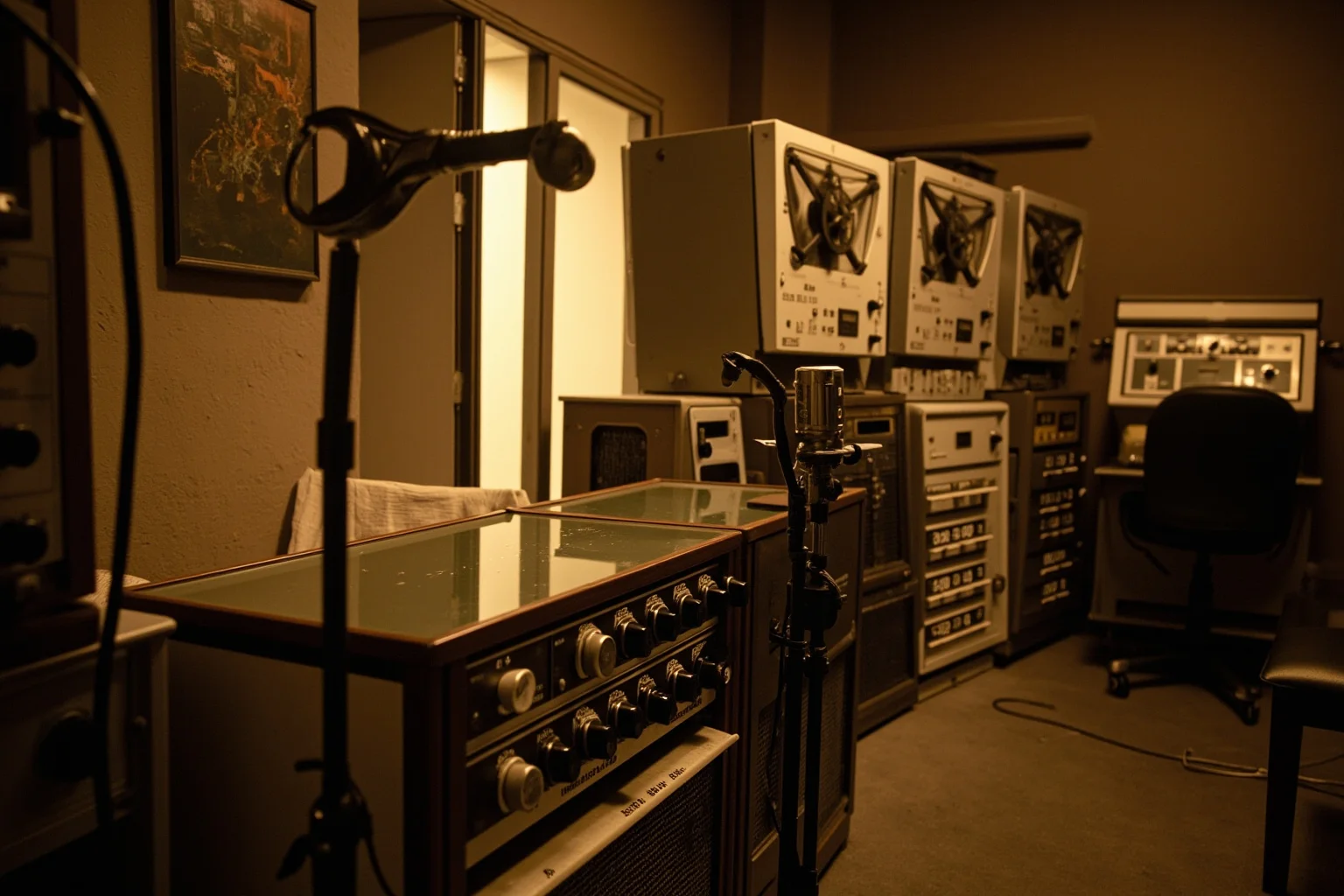 A vintage 1950s recording studio with analog microphones and reel-to-reel tape machines, warm sepia tone