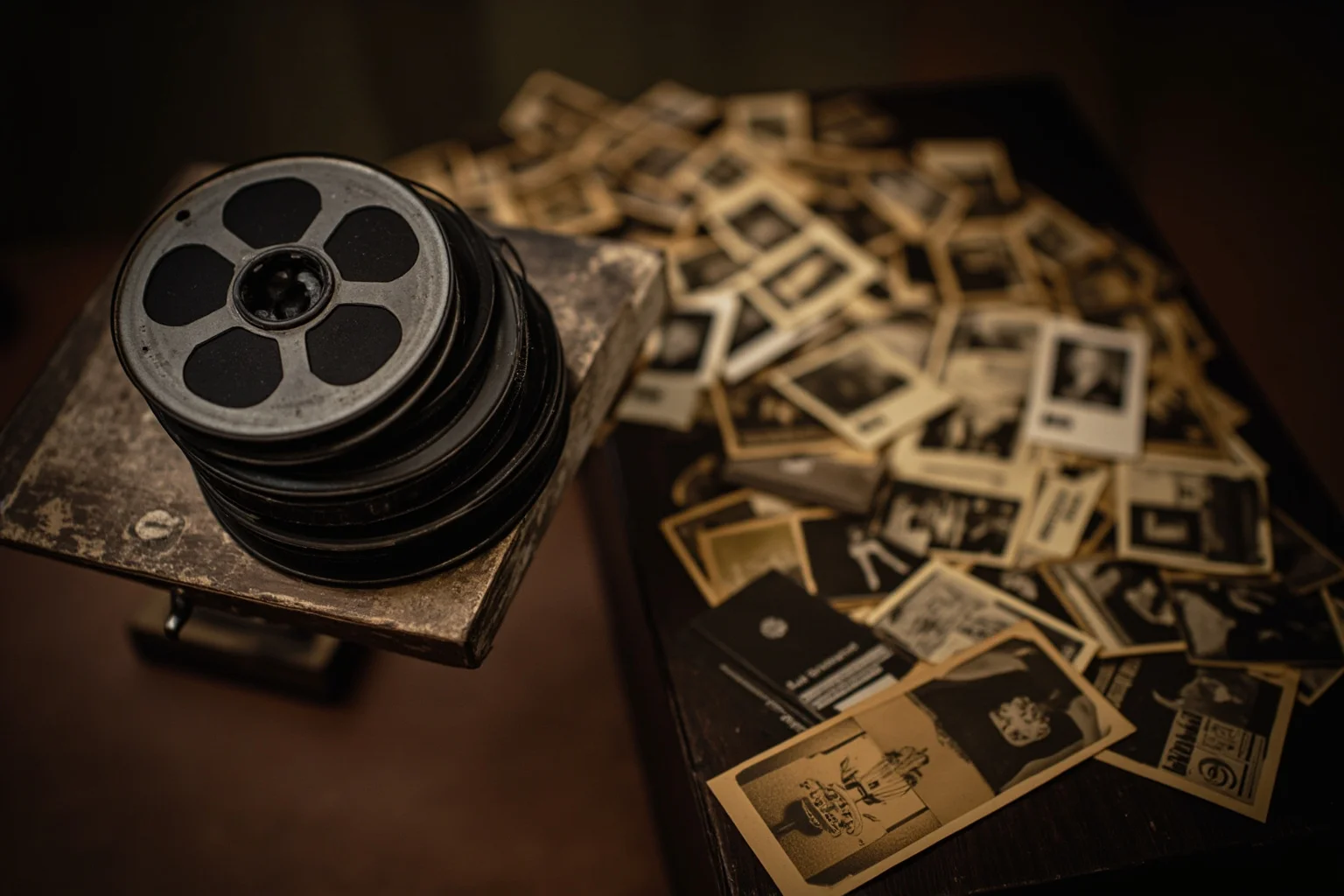 22 Hollywood Stars Whose Lives Ended in Tragedy 8 A vintage 1960s film reel and old photographs scattered on a wooden desk, suggesting a mysterious unsolved history