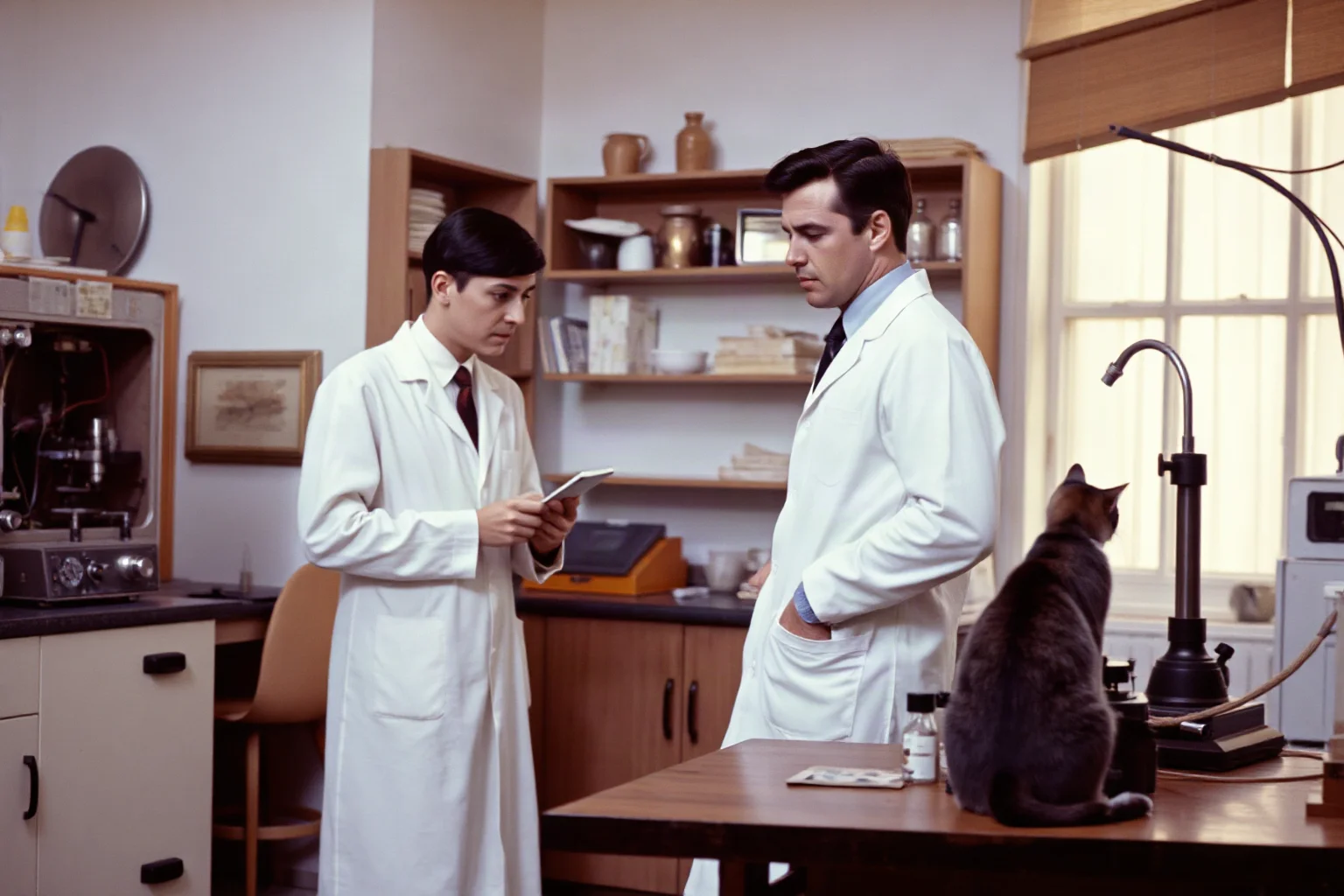 A vintage 1960s laboratory scene with scientists and technical equipment near a calm house cat