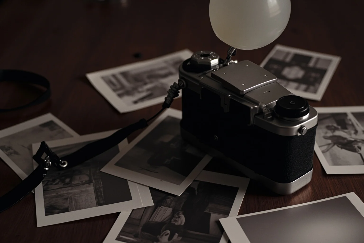 A vintage 1970s camera with a flashbulb attachment resting on a wooden table beside scattered black-and-white photographs, evoking an old paranormal investigation.