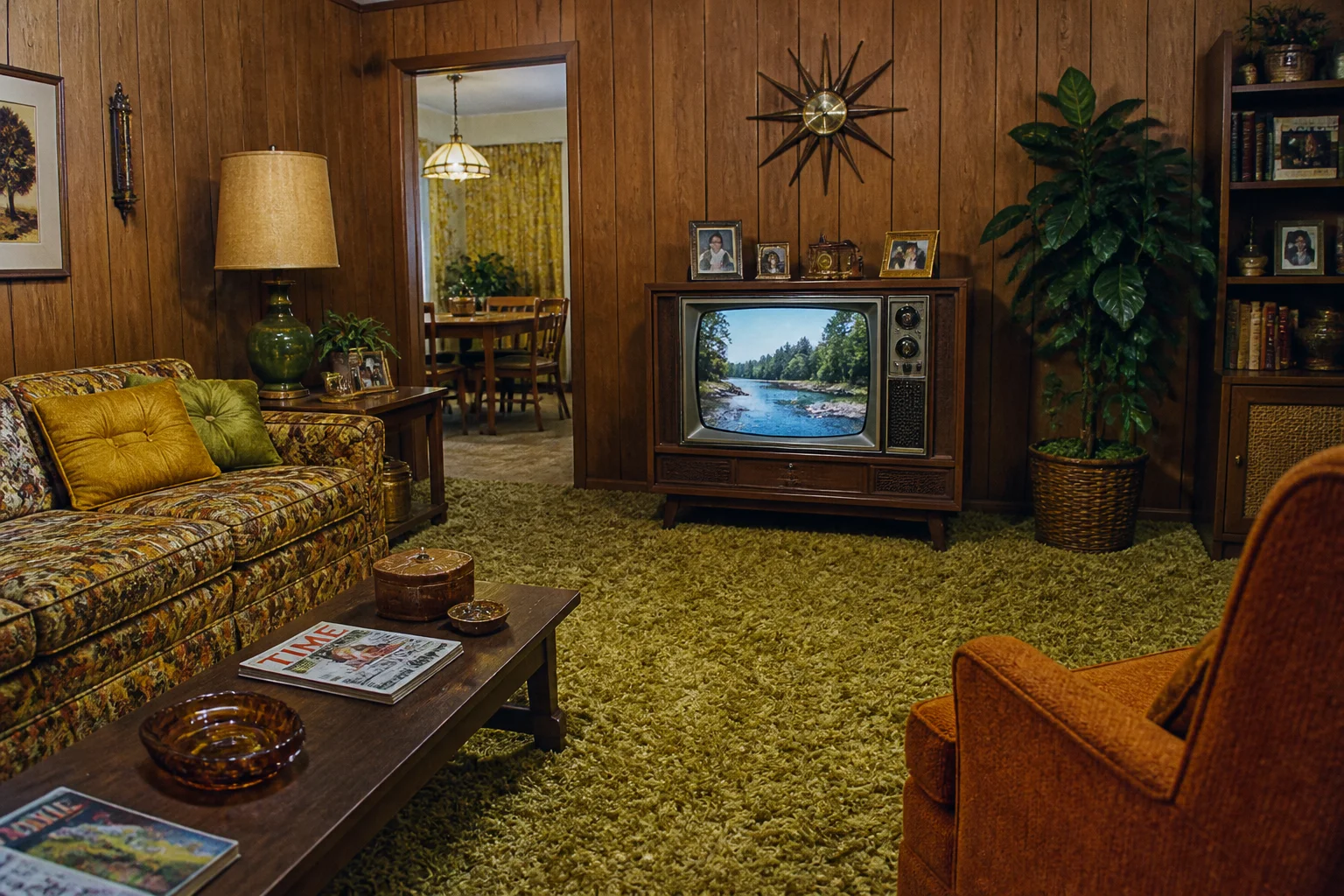 A vintage 1970s living room scene with an old television, shag carpet, and retro furniture