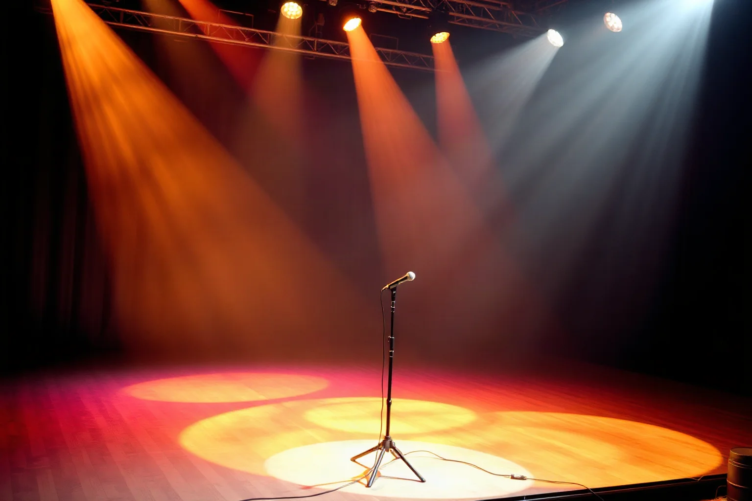 A vintage 1990s concert stage with dramatic stage lighting and a single microphone stand