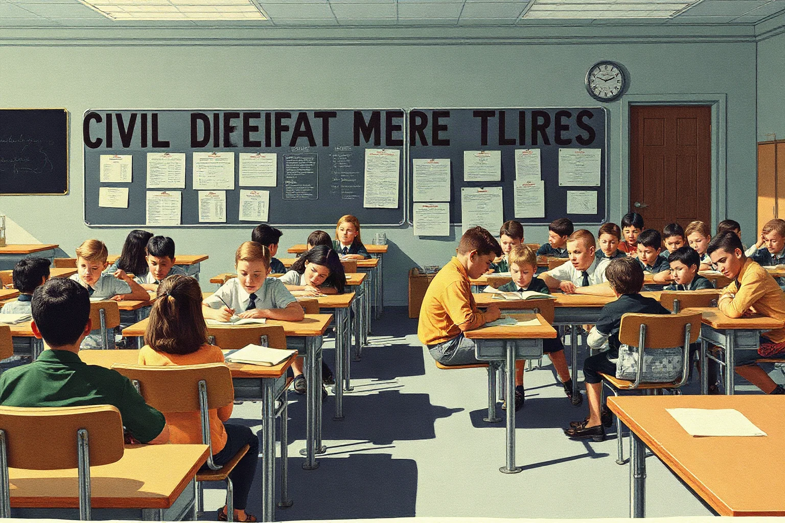 A vintage American classroom during a Cold War civil defense drill, with children crouched under desks, illustrated in a retro poster style