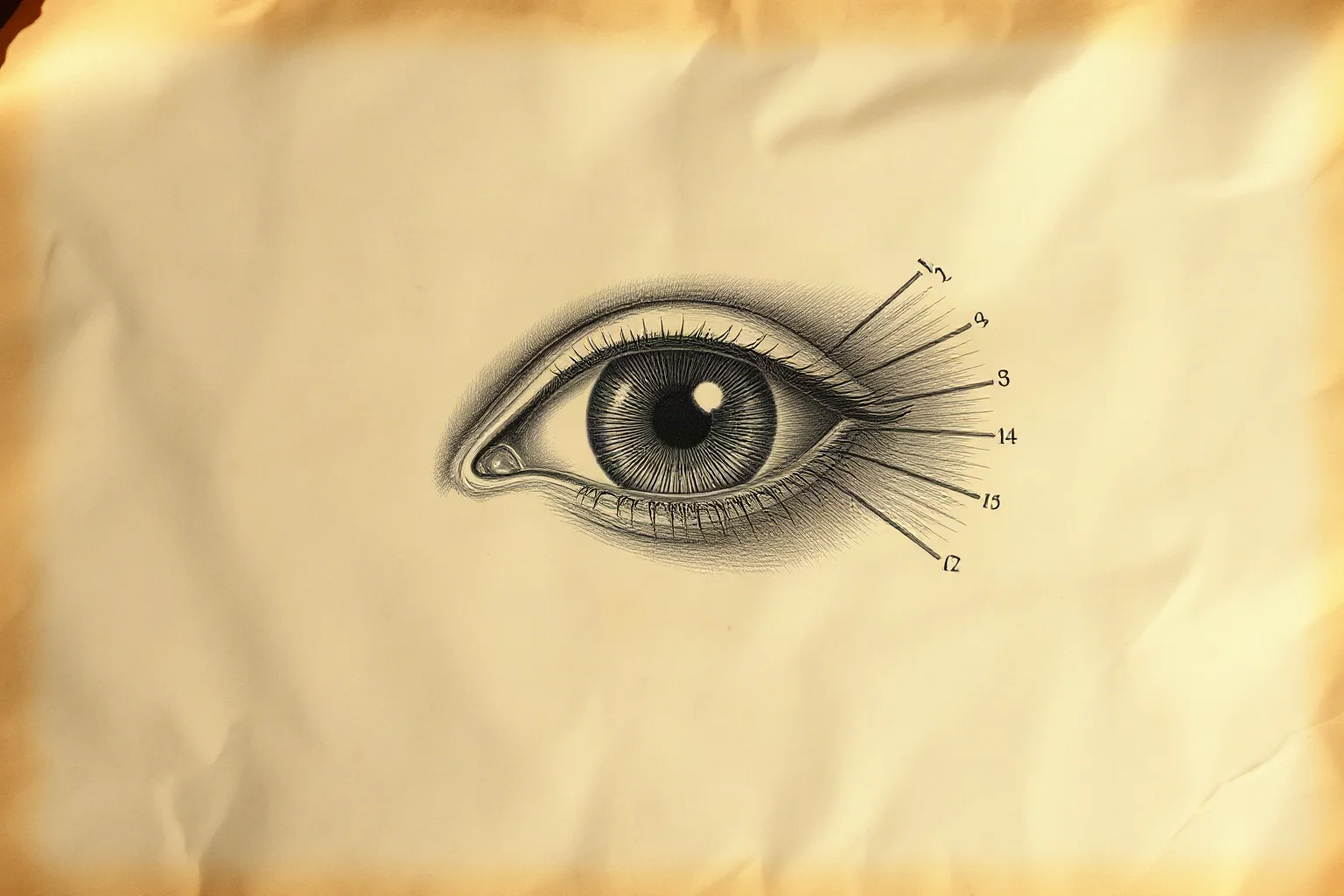 A vintage anatomical eye diagram on old parchment paper, antique medical illustration style