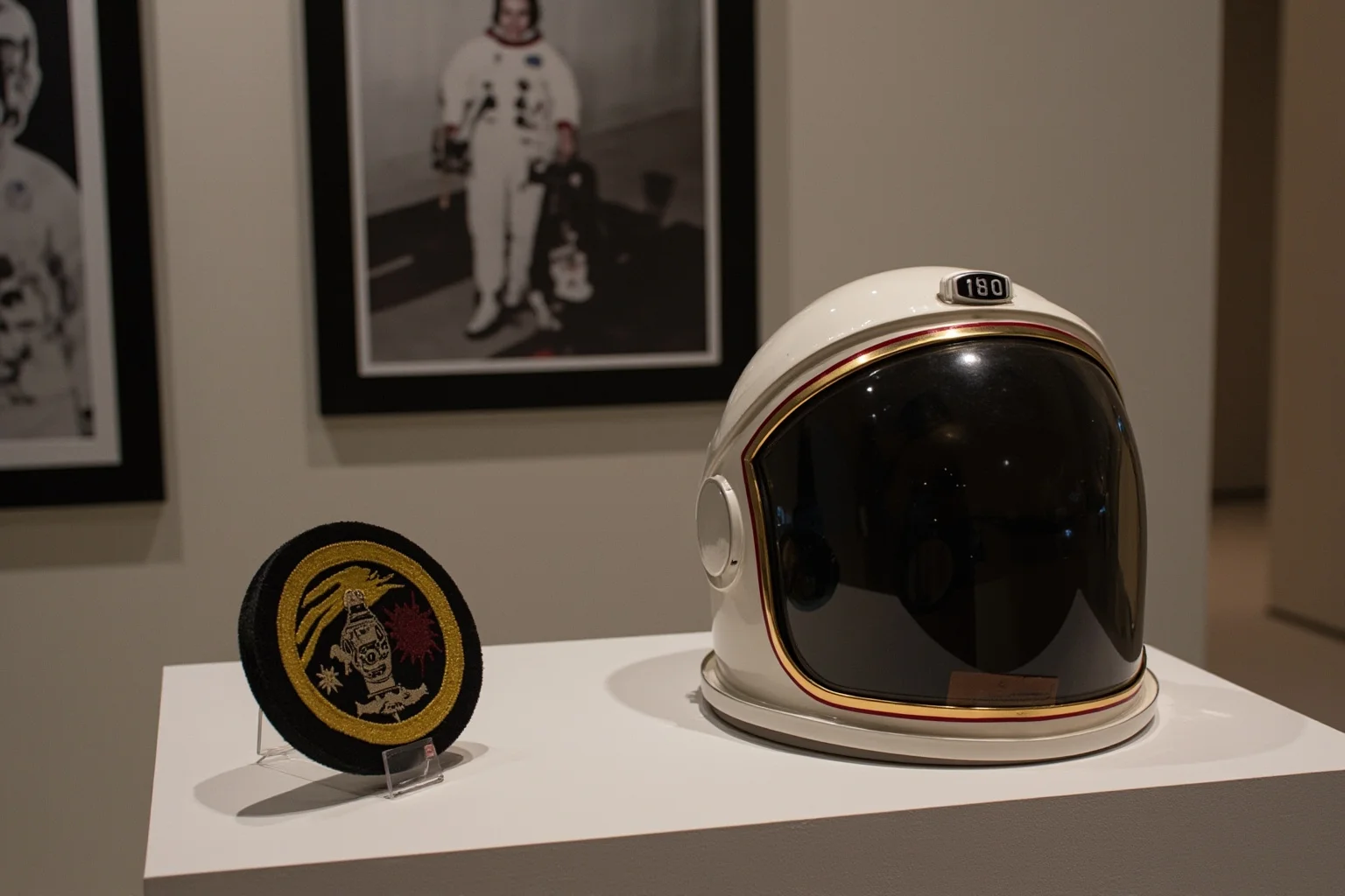 A vintage astronaut helmet and mission patch displayed beside a framed signed photograph in a museum exhibit