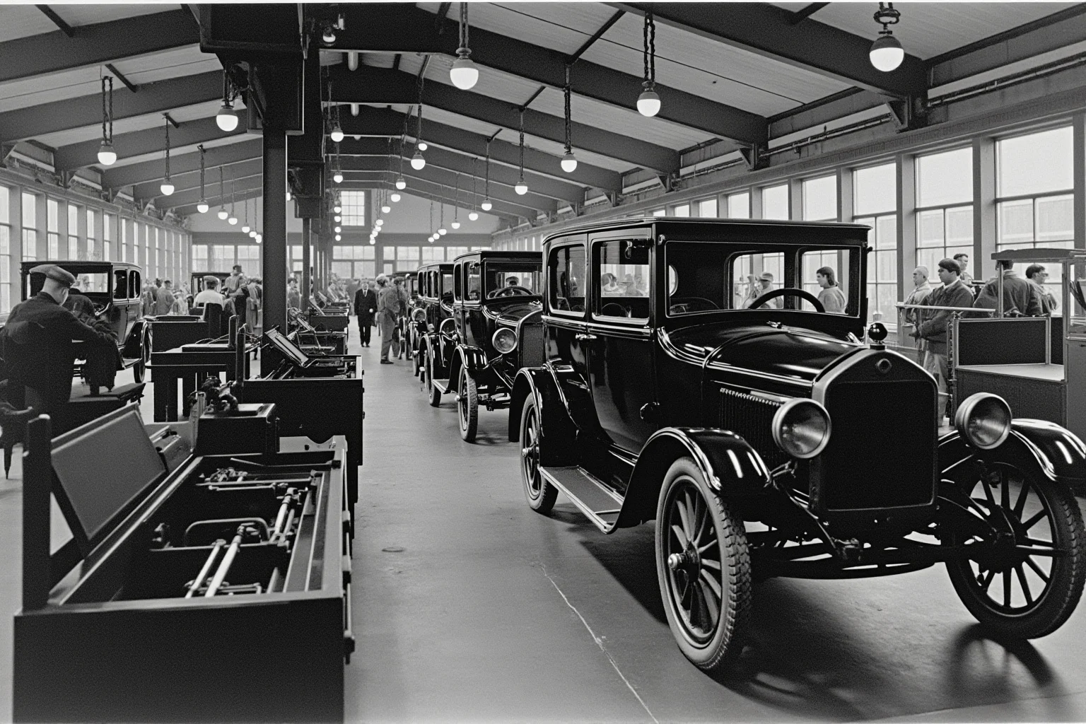 21 Beloved Historical Figures Who Are Controversial Today 15 A vintage automobile assembly line with early 20th-century factory machinery, symbolic industrial illustration