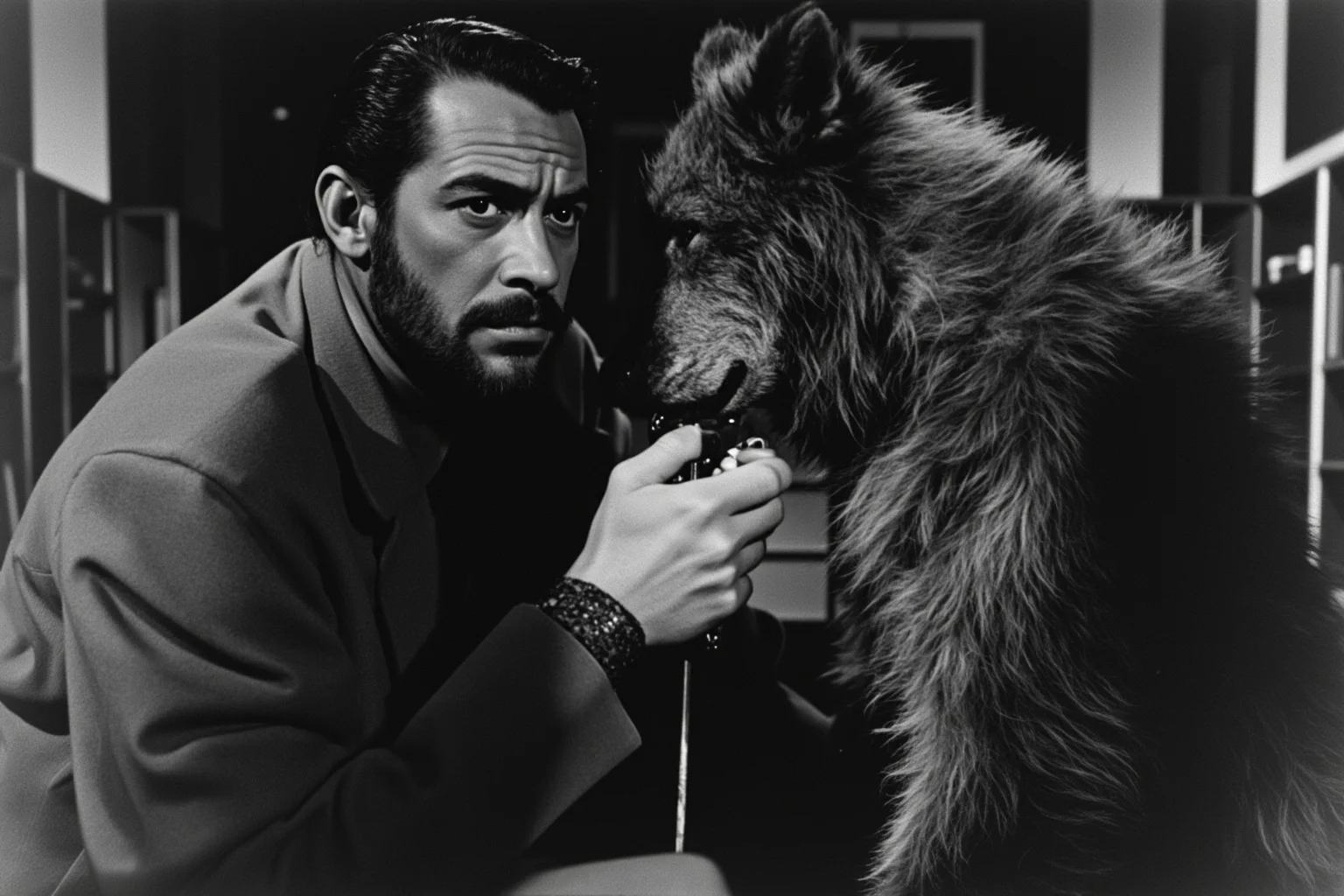 A vintage black-and-white style movie still of a tragic werewolf character and a silver-headed cane