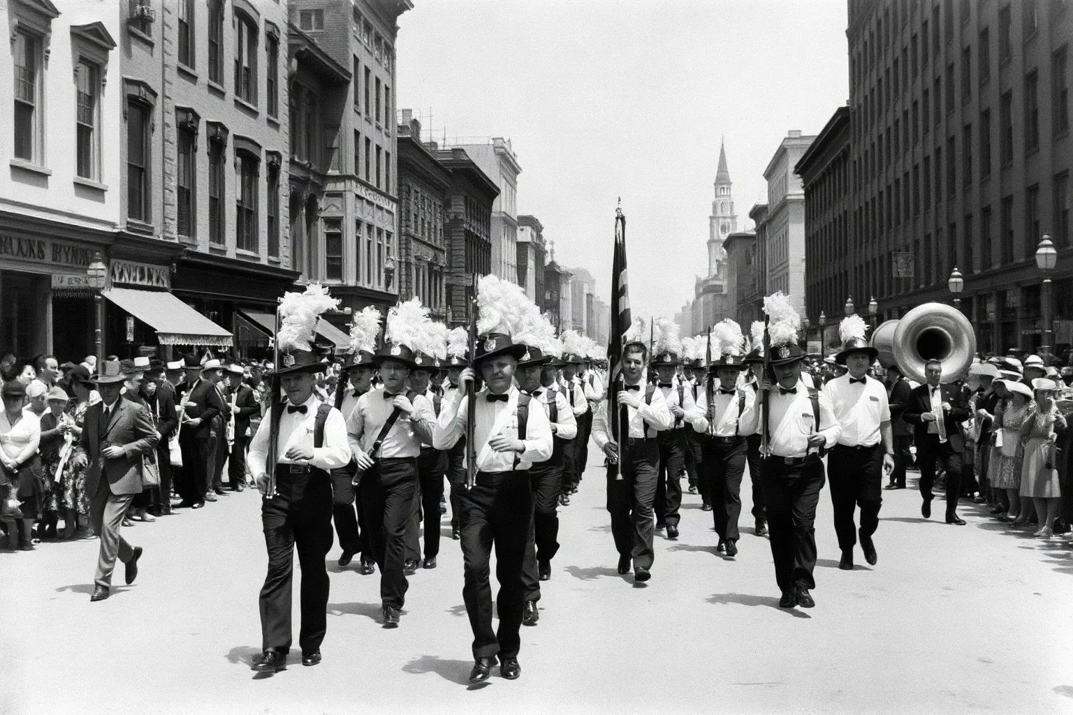A vintage black-and-white style street scene of an early parade with marching bands, symbolizing the first parades in America