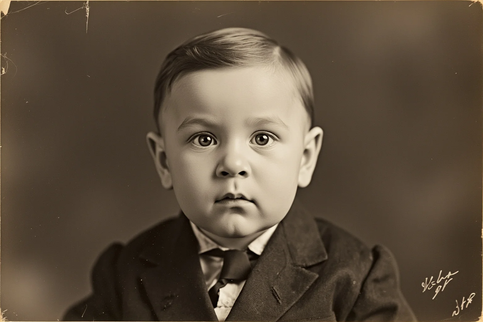 A vintage cabinet card photograph of a stern-looking baby in early 1900s formal clothing