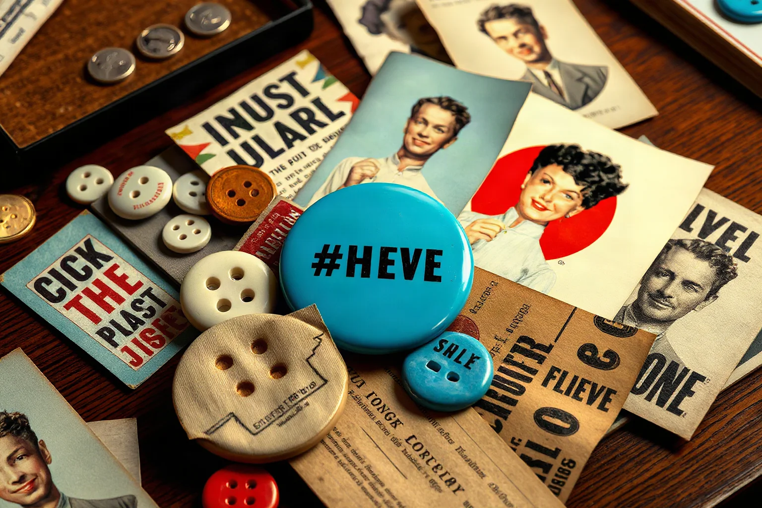A vintage campaign-style illustration featuring old-fashioned buttons, pamphlets, and posters scattered on a table
