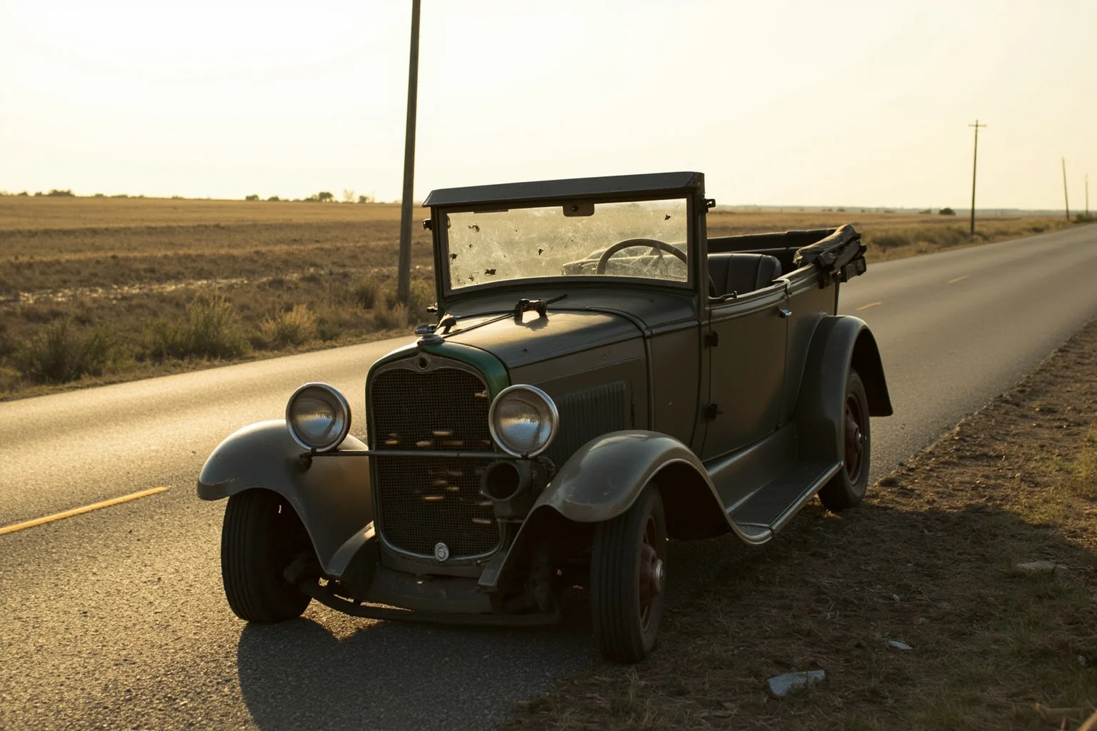 A vintage car riddled with bullet holes on a rural roadside, evoking a 1930s outlaw couple's final stand