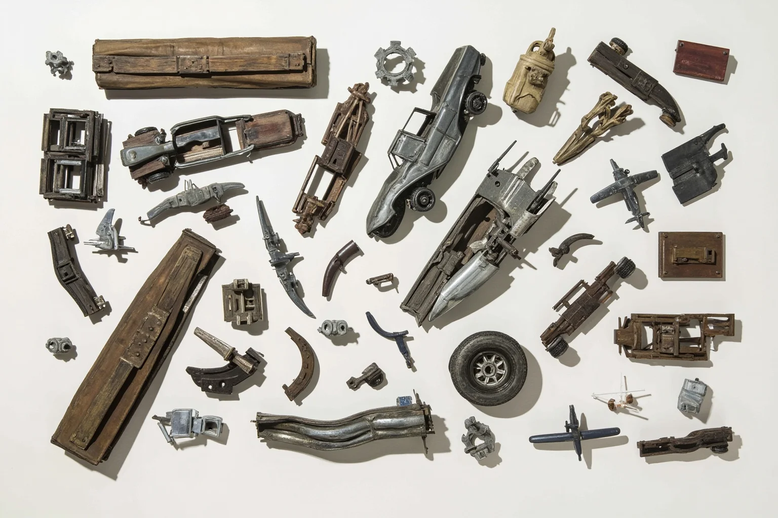 A vintage car, train, and airplane fragments arranged symbolically to suggest a series of near-miss accidents