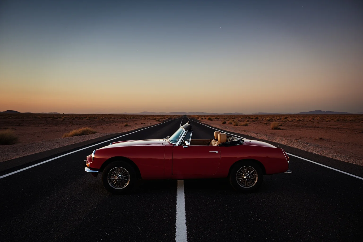 22 Hollywood Stars Whose Lives Ended in Tragedy 3 A vintage cherry-red convertible sports car parked on a lonely desert highway at dusk, symbolizing a tragic early car accident