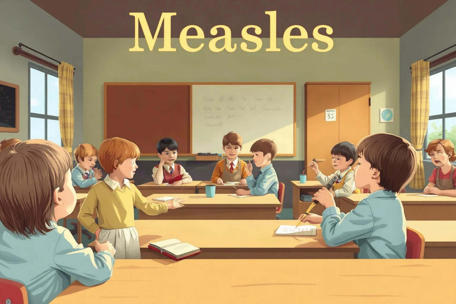 A vintage children's classroom scene evoking a historical measles-era public health poster, soft pastel illustration style