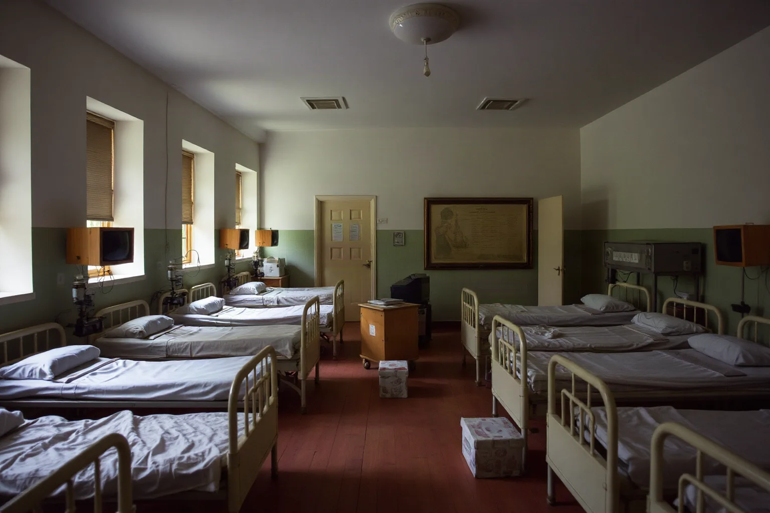 A vintage children's hospital ward with iron lung machines representing the historical polio epidemic, muted documentary tones