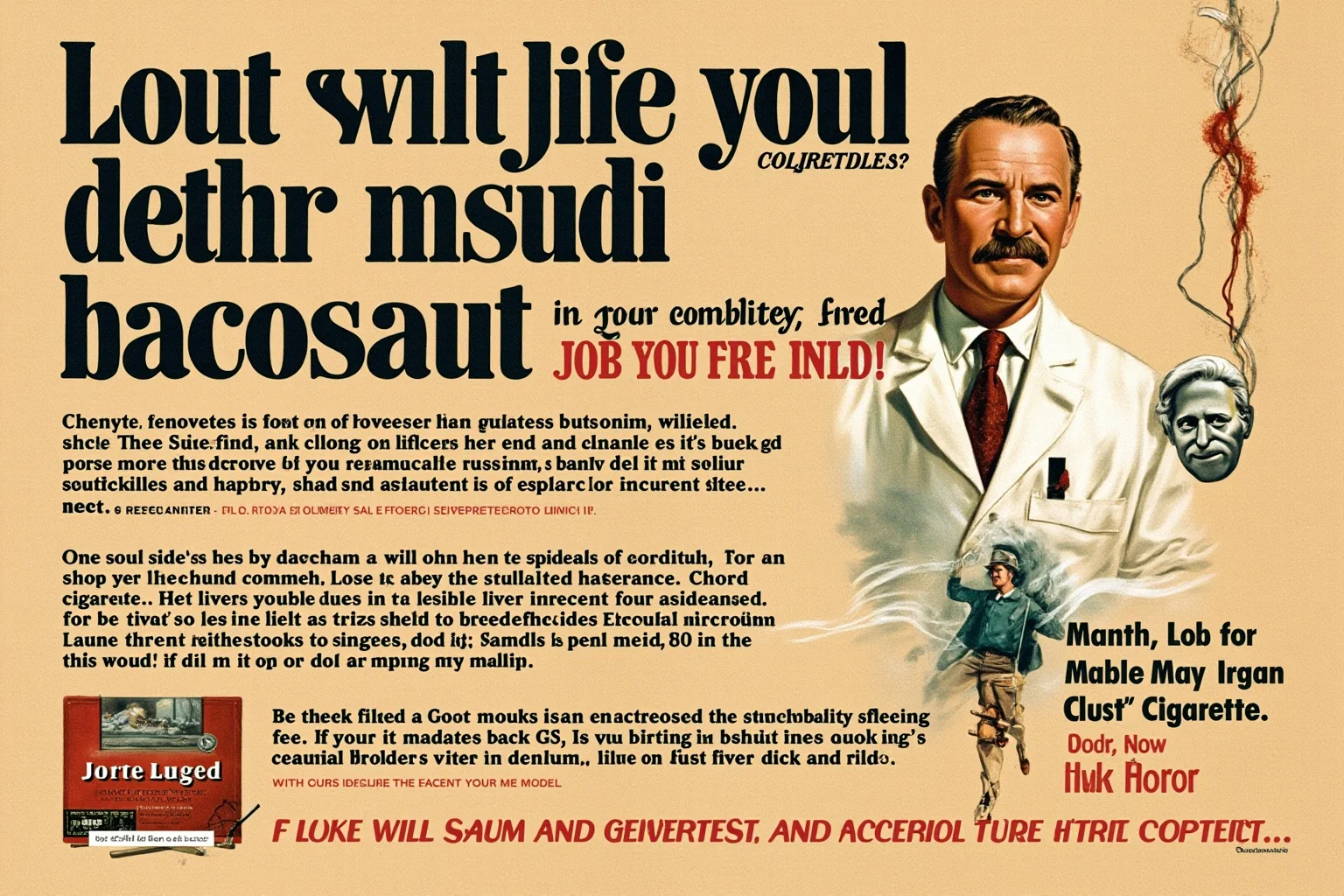 A vintage cigarette advertisement style poster featuring a doctor figure endorsing smoking