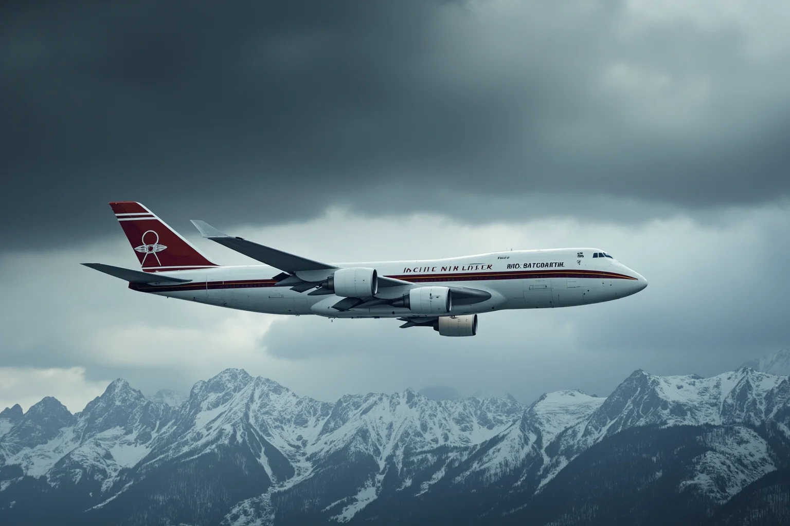 A vintage commercial airliner flying above snowy Eastern European mountains under a stormy sky
