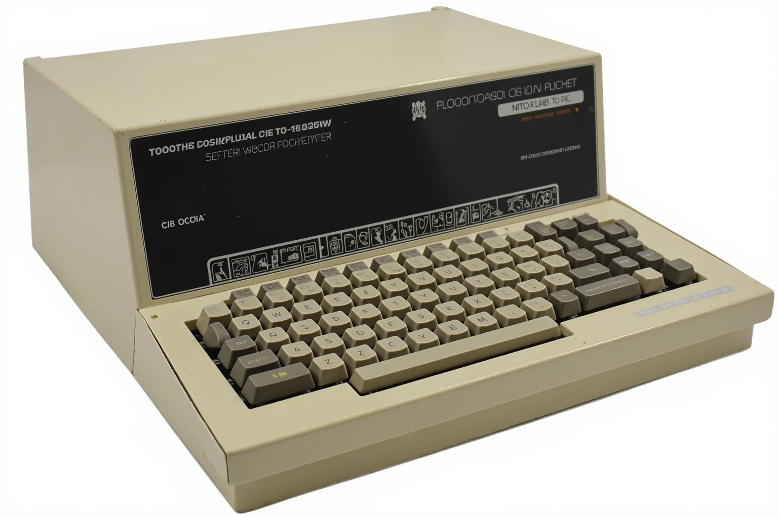 A vintage computer terminal and early word processor from the 1960s-70s, representing pioneering business computing technology