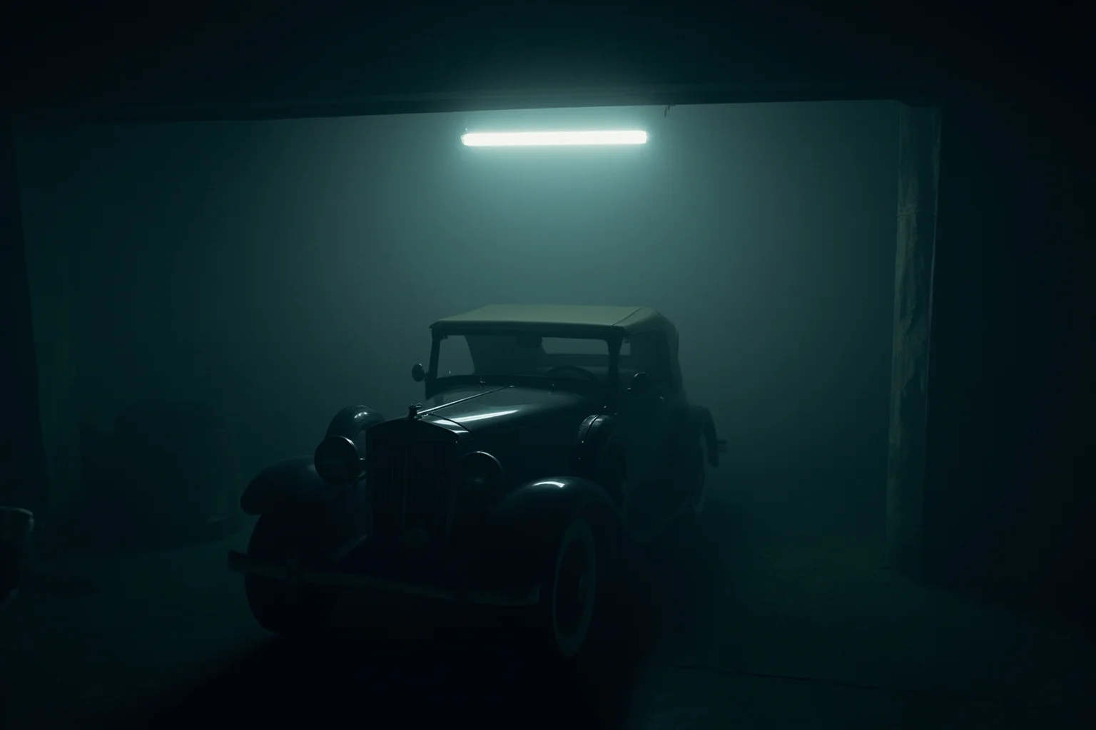 22 Hollywood Stars Whose Lives Ended in Tragedy 17 A vintage convertible car parked in a foggy garage at night, symbolizing an unresolved 1930s mystery