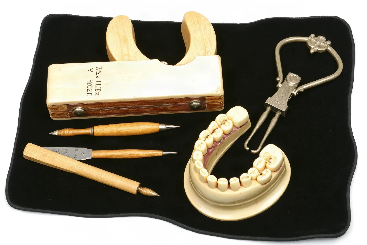 A vintage dental tool set and ivory denture mold displayed on velvet, museum artifact style illustration